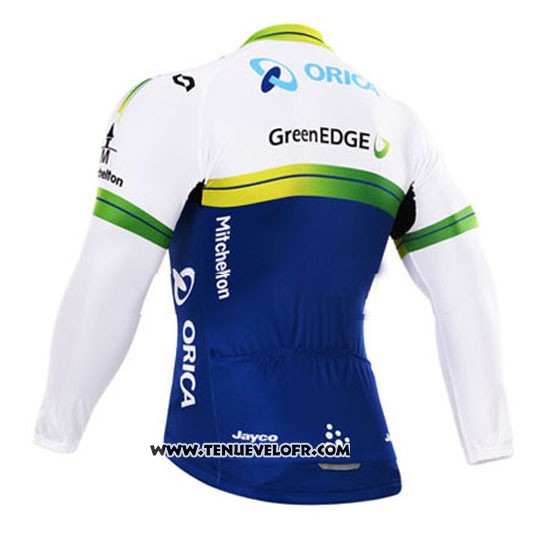 2015 Maillot Ciclismo Orica GreenEDGE Bleu et Blanc Manches Longues et Cuissard